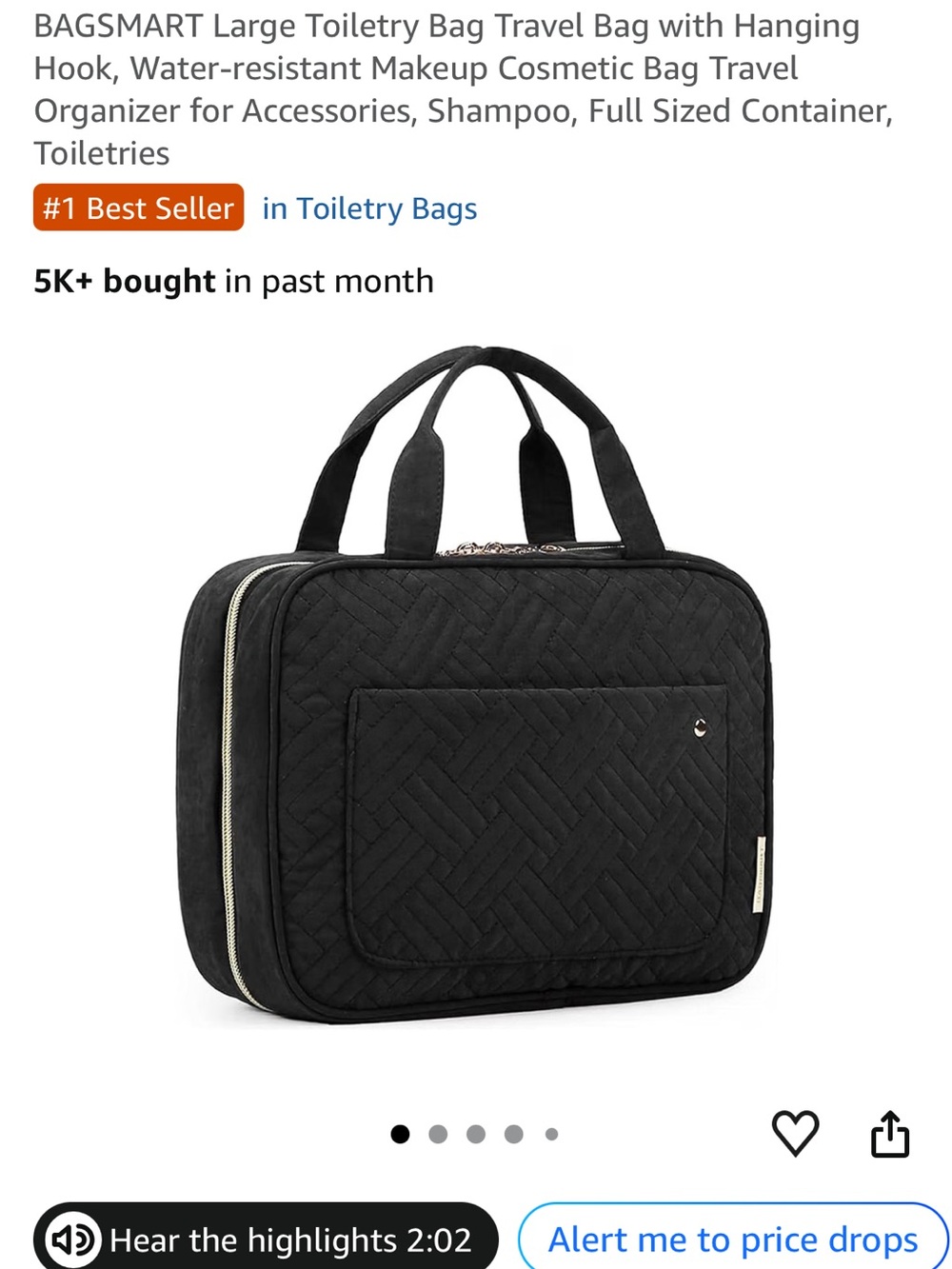 Quilted Black Travel Cosmetic Bag with Top Handles